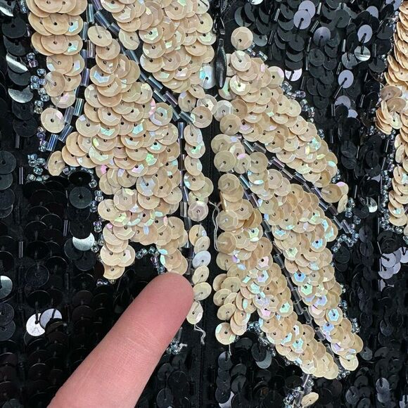 Lillie Rubin Women’s Black Cream All Over Sequin Leaf Illusion Neck Mini Dress - Picture 15 of 16